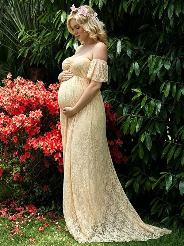 Momyknows Apricot Boho Lace Maternity Baby Shower Maxi Dress, Apricot / S