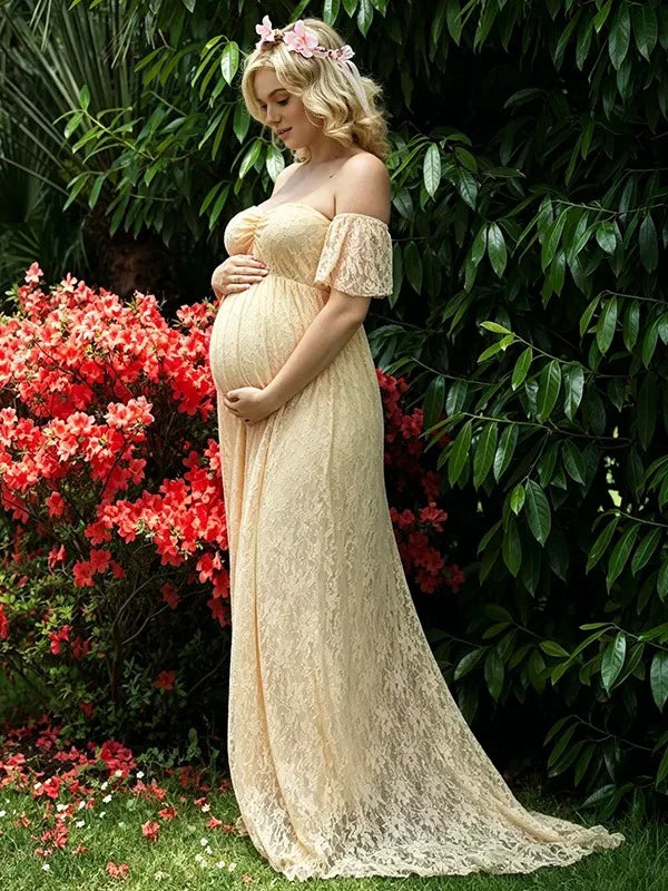 Momyknows Apricot Boho Lace Maternity Baby Shower Maxi Dress