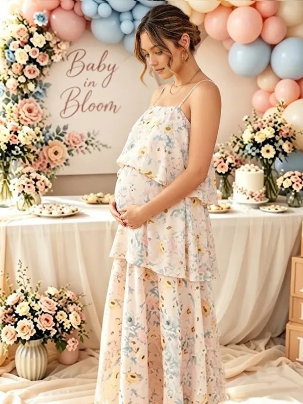 Momyknows Yellow Spaghetti Strap Layers Of Open Back Tiered Skirt Baby Shower Maxi Dress - Yellow - 2