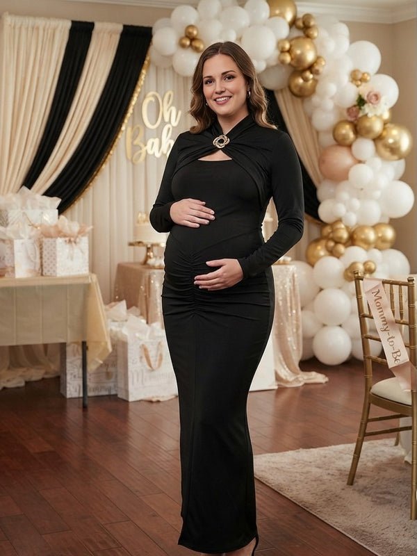 Momyknows Long Sleeve Cut Out Ruffle Side Slit Splicing Babyshower Maternity Midi Dress - Black - 6
