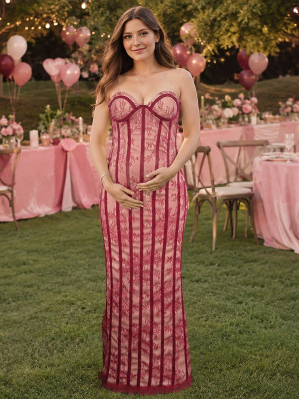 Red Elegant Lace Maternity Maxi Dress with Backless Design and Spliced Detail and Flattering Fit, Baby Shower Occasion