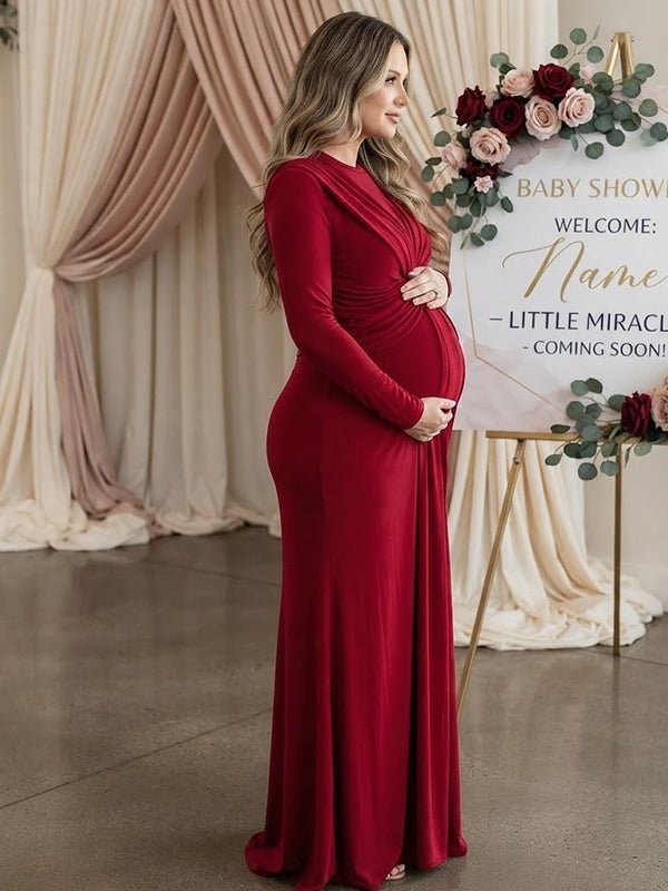 Momyknows Wine Red Ruched Ribbon Bodycon Maternity Baby Shower Maxi Dress - Wine Red - 2