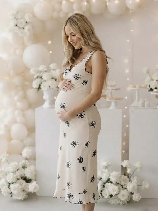Momyknows Apricot Floral Print Ruffle V-Neck Maternity Baby Shower Maxi Dress - Apricot - 2