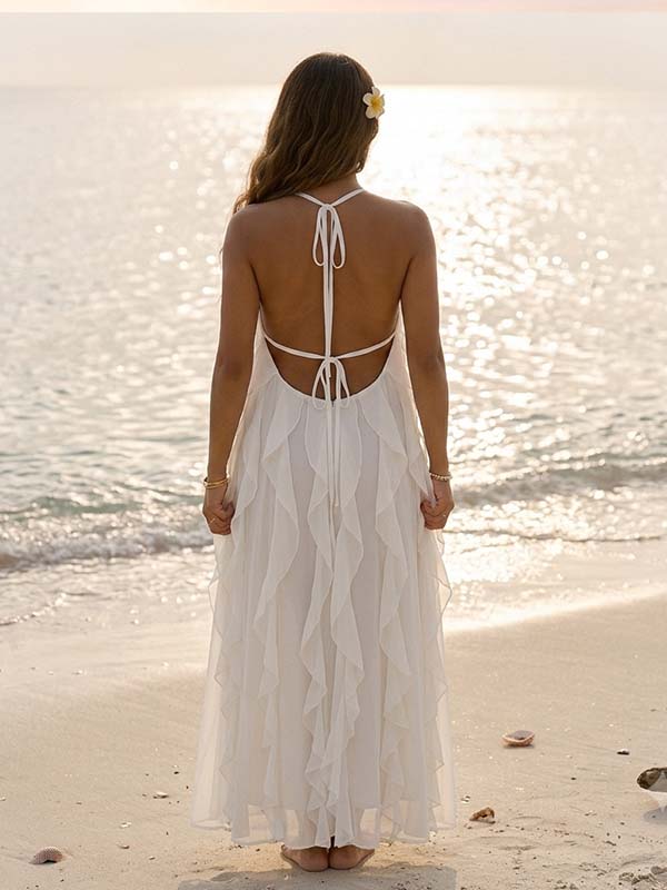 Momyknows White Ruffle Halter Neck Backless Lace-up Maternity Photoshoot Maxi Dress - White - 1
