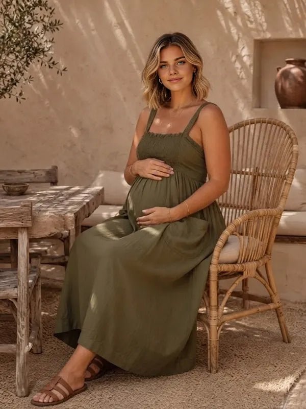 Momyknows Smocked Spaghetti Strap A-Line Open Back Plus Size Photoshoot Maxi Dress - Olive - 2