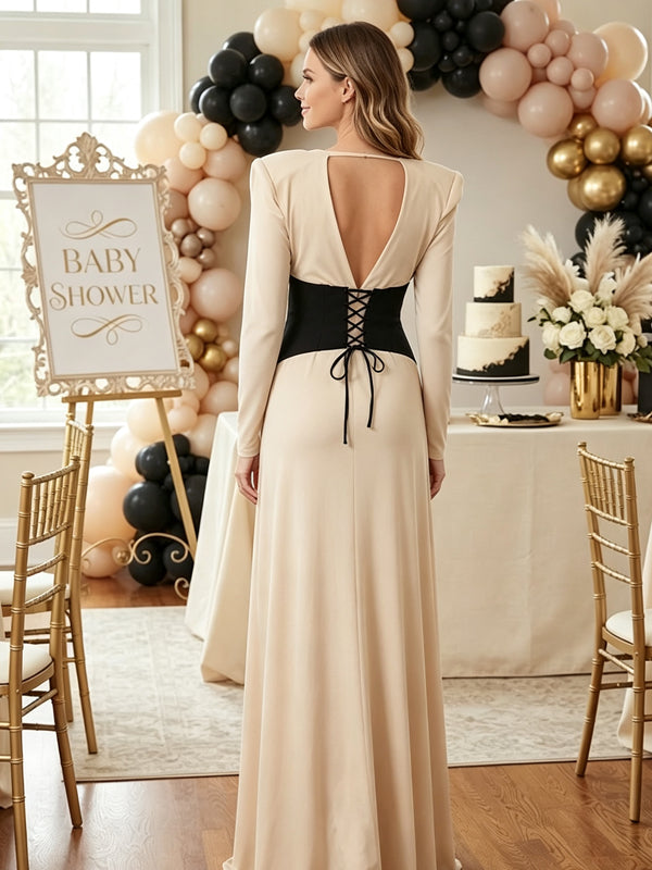Apricot Maternity Dress with Color-Block Design and V-Neck