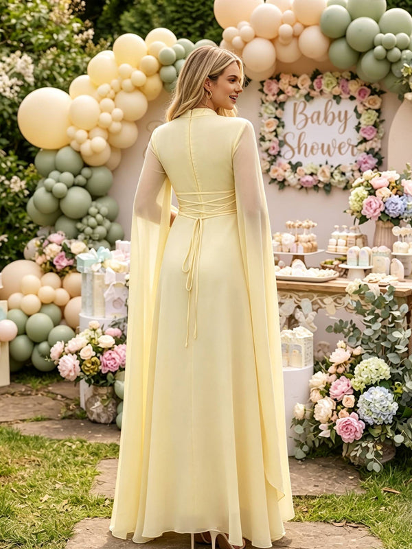 Yellow Lace-Up Maternity Dress with Tulle Slit Sleeves and Bodycon Fit