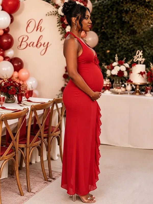 Momyknows Red Open Back Lace-Up High Waist Irregular Side Slit Maternity Baby Shower Maxi Dress - Red - 2