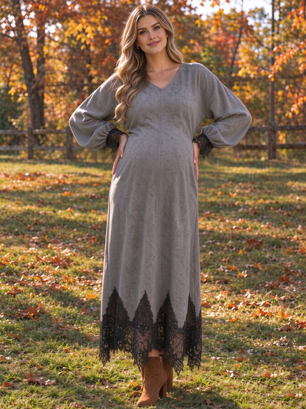 Grey Maternity Maxi Dress with Suede-Like Fabric and Lace Inserts and Elegant Silhouette