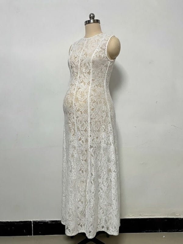 Momyknows White Lace Cut Out Zipper Sheer Fashion Maternity Baby Shower Maxi Dress - White - 4