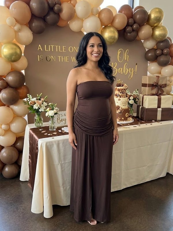 Momyknows Ruched Side Slit Backless Maternity Baby Shower Maxi Dress - Coffee - 4