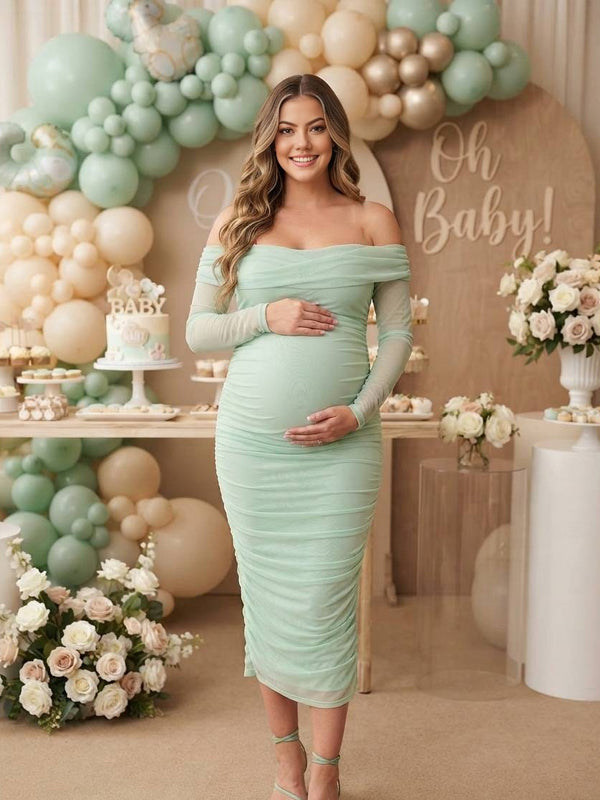 Green Off-the-Shoulder Maternity Dress with Ruffle and Tulle Details and Form-Fitting Silhouette, Baby Shower