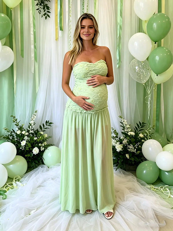 Momyknows Green 3D Flowers Spaghetti Straps Baby Shower Maternity Maxi Dresses