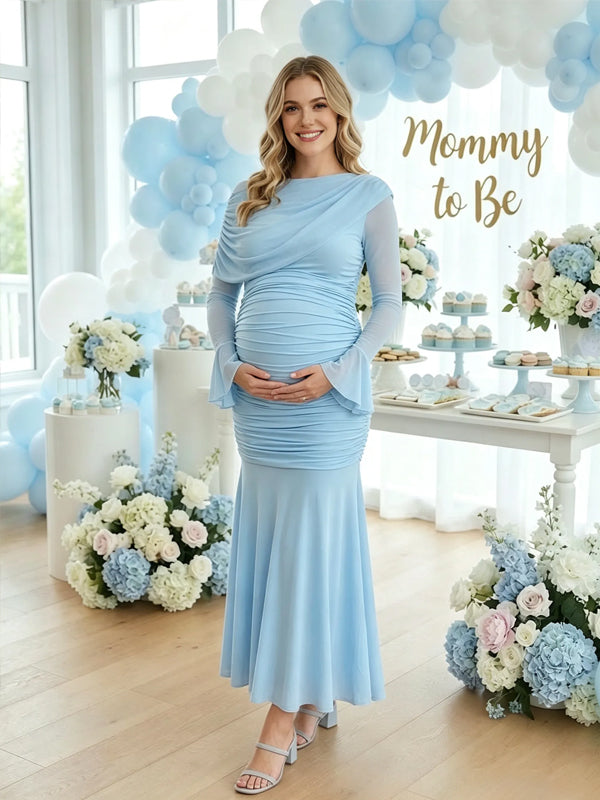 Blue Ruffle Tulle Splicing Maternity Maxi Dress with Elegant Fit, Baby Shower