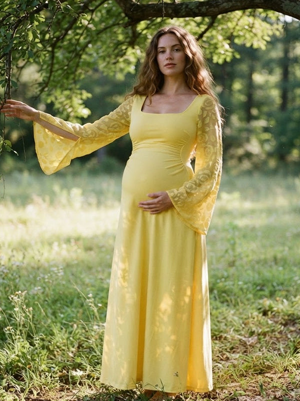 Yellow Lace Maternity Maxi Dress with Ruffle Square Neck and Slit Sleeve Detail