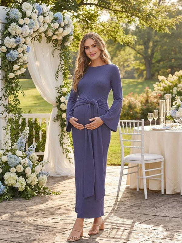 Navy Blue Maternity Maxi Dress with Lace-Up Details and Bell Sleeves and Flattering Fit, Wedding Guest
