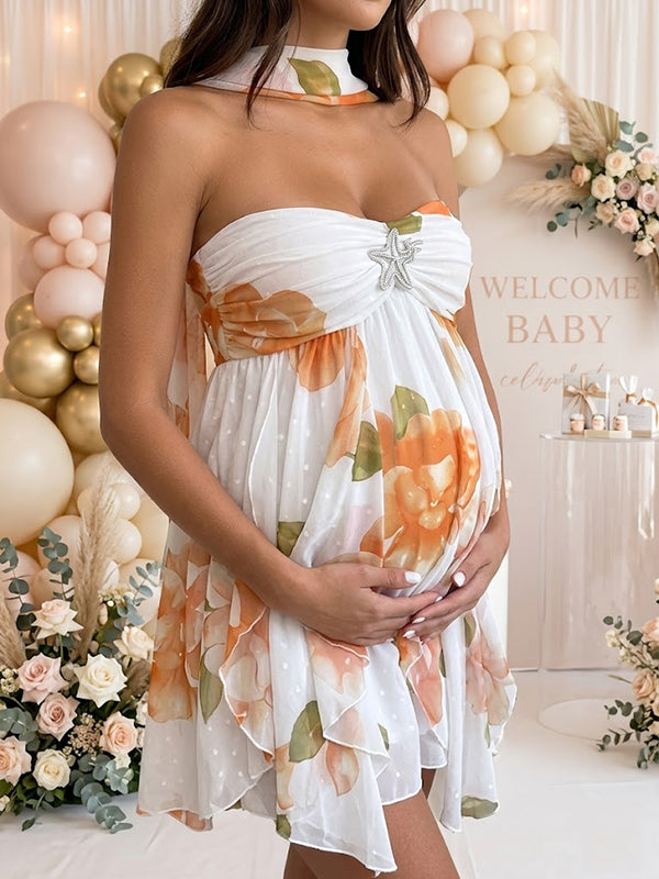 orange print maternity dress Orange Abstract Floral Cinch Bust Maternity Dress PinkBlush
