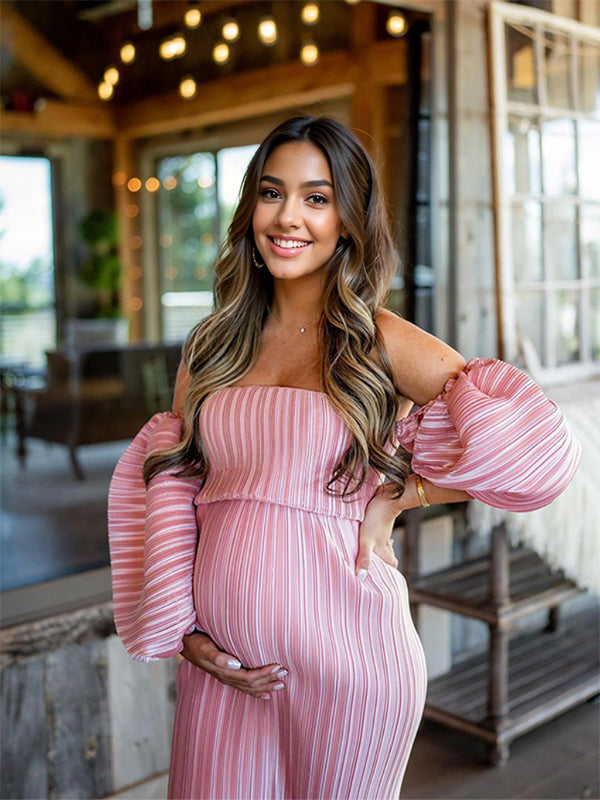 Momyknows Pink Off Shoulder Bandeau Pleated Bodycon Puff Sleeve Evening Gown Baby Shower Maternity Maxi Dress Momyknows Pink Off Shoulder Bandeau Pleated Bodycon Puff Sleeve Evening Gown Baby Shower Maternity Maxi Dress