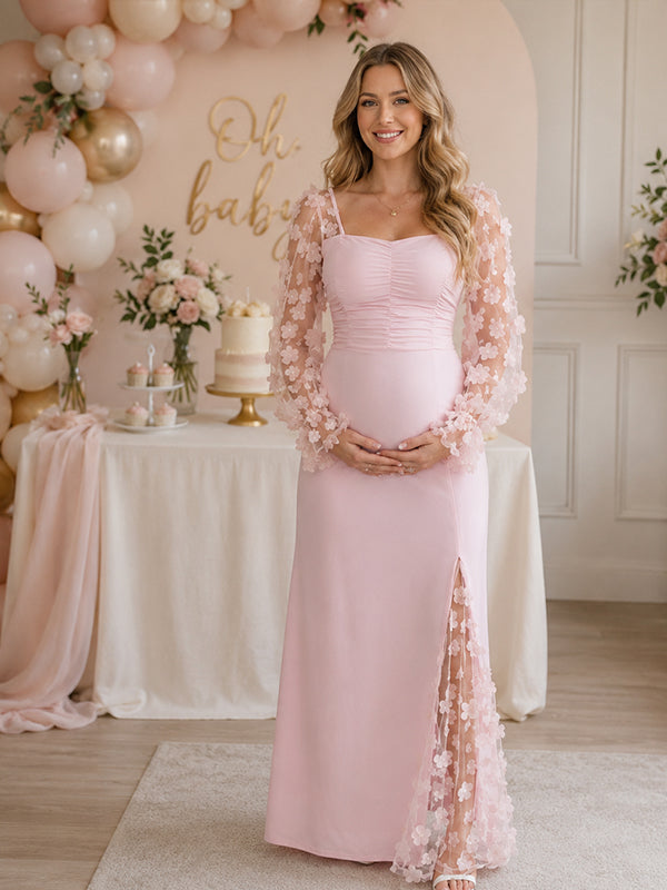 Pink Elegant Ruched Lace Maternity Maxi Dress with Spliced 3D Flower Detail and Flattering Fit, Baby Shower Occasion