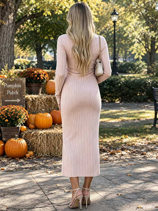 Apricot Maternity Midi Dress with Crochet Texture and Side Slit Sweater Design