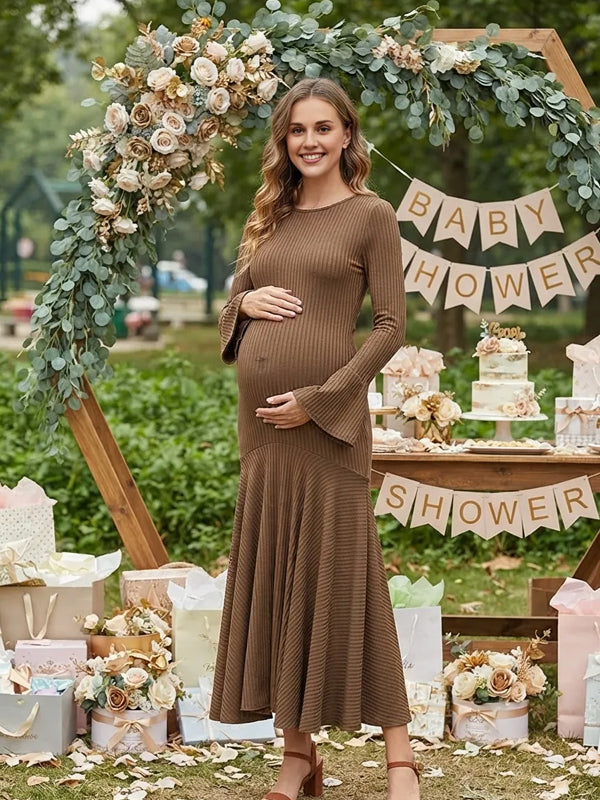 Brown Maternity Dress with Bell Sleeves and Tie-Front Detail and Mermaid Silhouette, Baby Shower