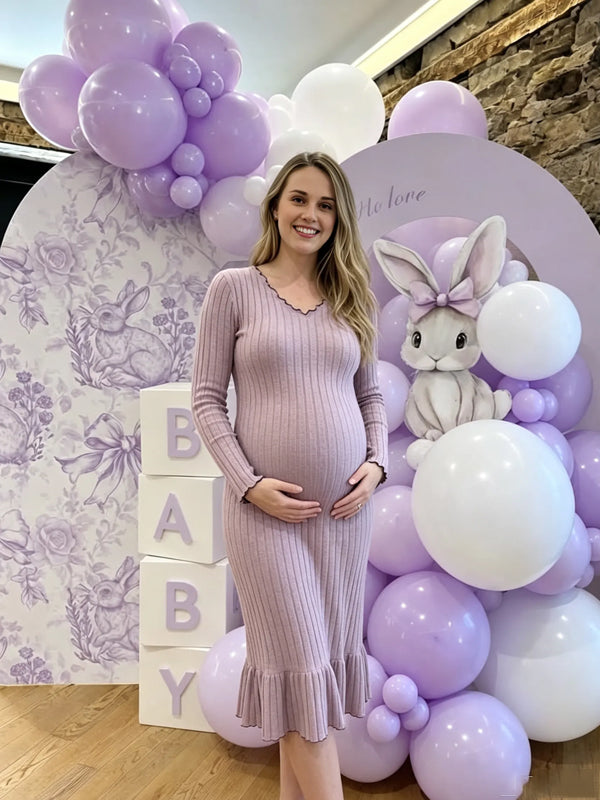 Solid Lavender Maternity Maxi Dress with Stretchy Fabric and Ruffle Details