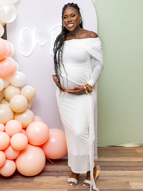 Momyknows White Mesh Irregular Ruched Draped Off Shoulder Bodycon Elegant Cocktail Party Gown Maternity Photoshoot Baby Shower Maxi Dress