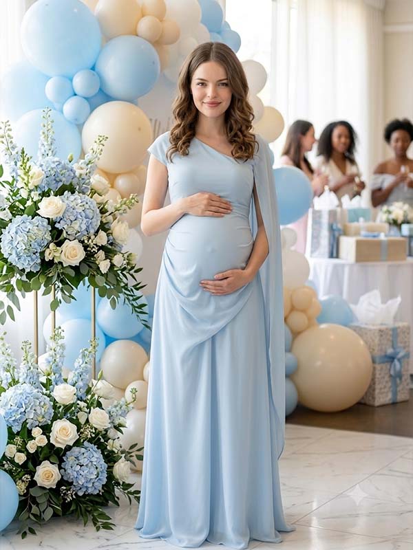 Momyknows Pink One-shoulder Ruffle Mermaid Splicing Maternity Baby Shower Maxi Dress - Light Blue - 2
