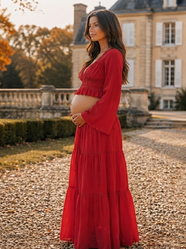 Red Maternity Maxi Dress with Lace Detail and Deep V Ruched Front