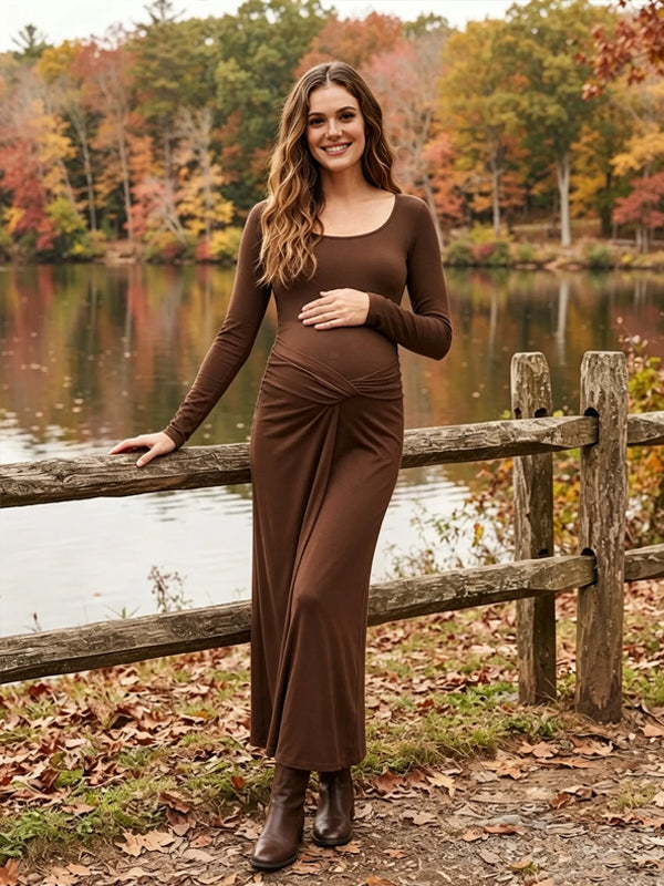 Brown High-Waisted Maternity Maxi Dress with Ruffle Details and Knot Design