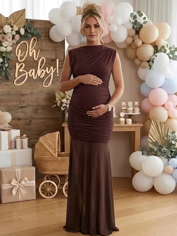 Momyknows Ruched Sheer Grenadine Splicing Maternity Baby Shower Maxi Dress - Coffee - 6