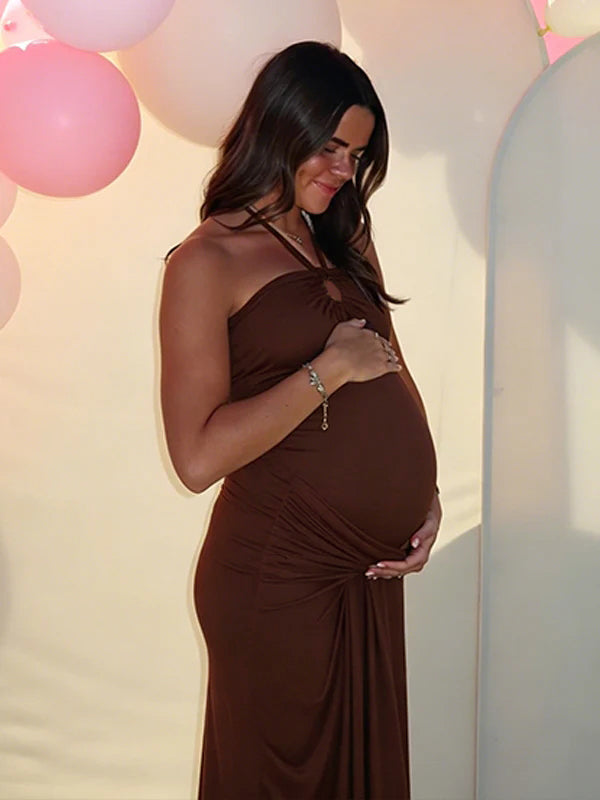 Momyknows Brown Halter Neck Backless Ruched Maternity Baby Shower Maxi Dress