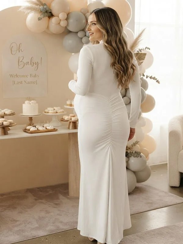 Momyknows Cross Chest Ruched Bodycon Maternity Baby Shower Maxi Dress - White - 2