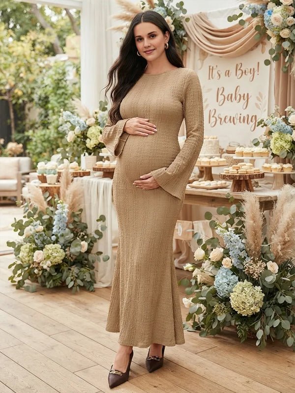 Momyknows Flare Sleeve Crochet Bodycon Mermaid Babyshower Maternity Maxi Dress - Khaki - 4