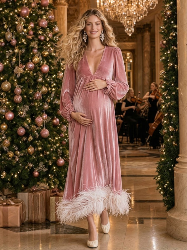 Pink Maternity Maxi Dress with Deep V Design and Plush Velvet Texture, Christmas Photoshoot Occasion