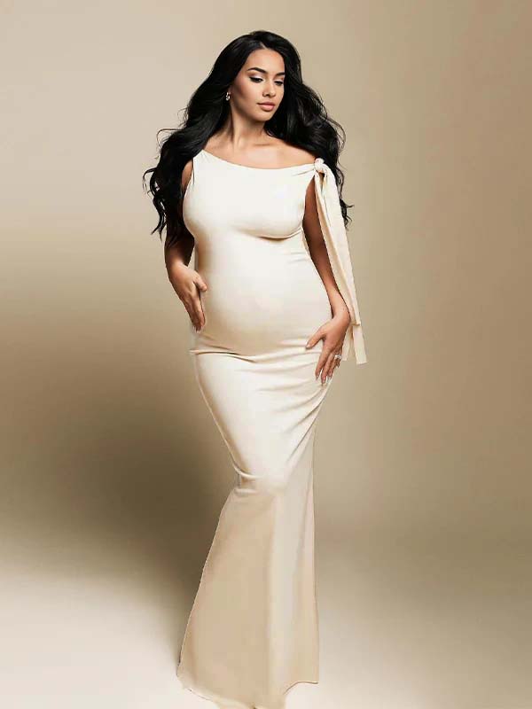 Momyknows Strap Ties One Shoulder Mermaid Bodycon Elegant Photoshoot Baby Shower Maternity Maxi Dress