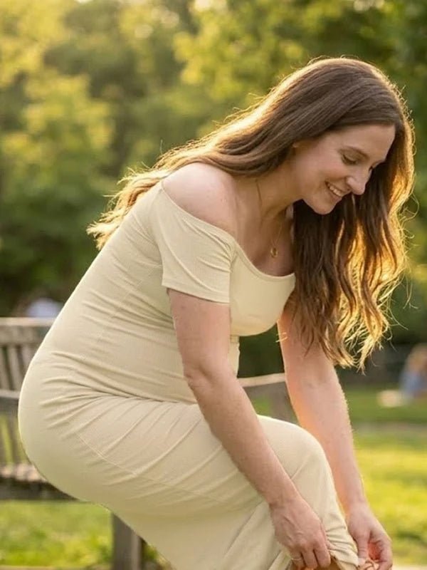 Momyknows Apricot Off Shoulder Ruched Backless Maternity Photoshoot Maxi Dress - Apricot - 3