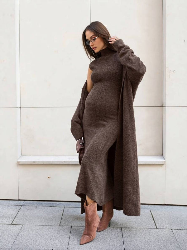 Brown Maternity Maxi Dress with High Neck and Sleeveless 2-in-1 Cardigan Style and Maxi Fit, Photoshoot