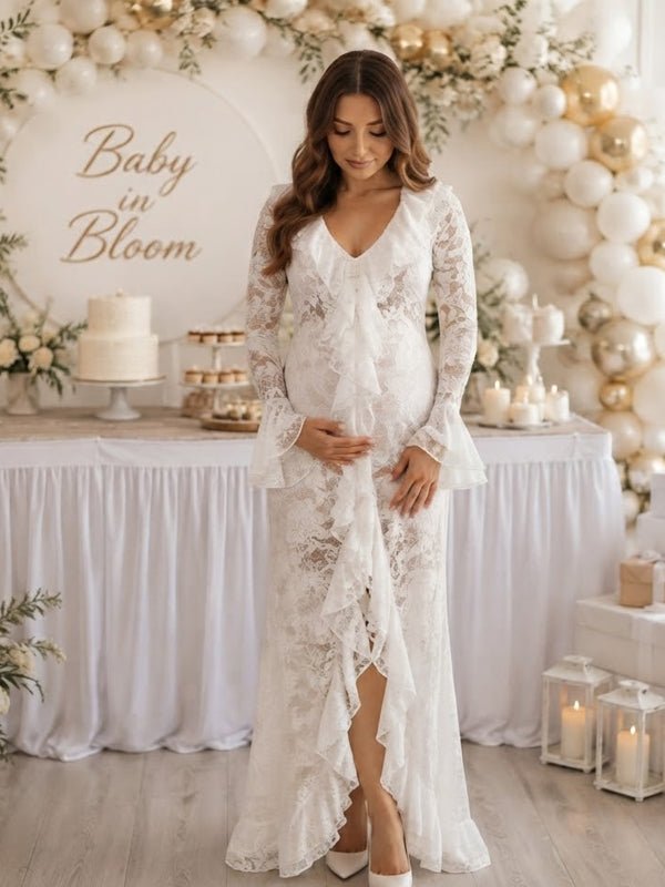 Momyknows White Off Shoulder Ruffle Side Slit Lace Flare Sleeve Maternity Baby Shower Maxi Dress - White - 2
