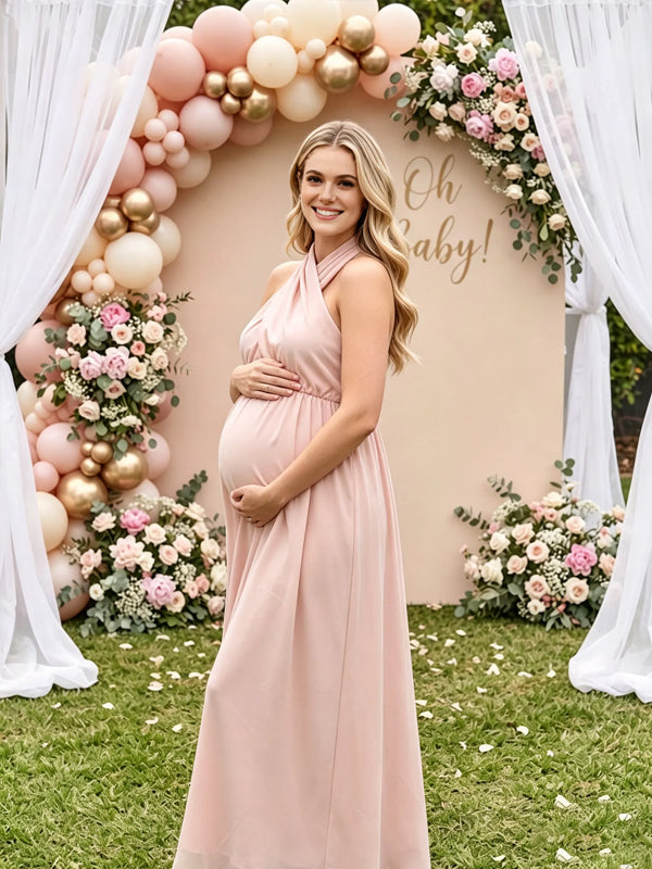 Pink Halter-Neck Maternity Dress with Tie Detail and High-Waisted Loose Fit