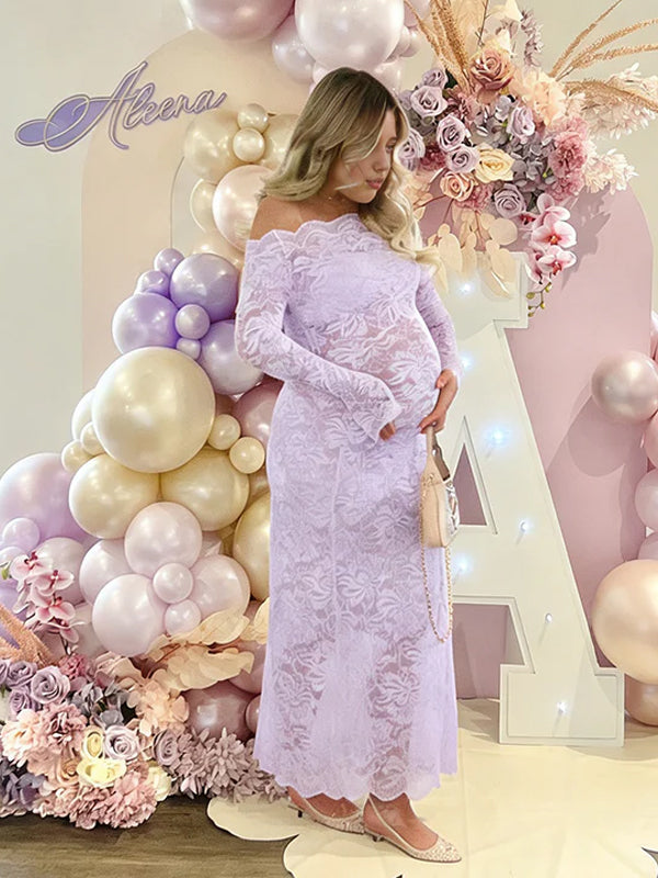 Momyknows Light Purple Off Shoulder Mesh Embroidery Lace Maternity Baby Shower Maxi Dress