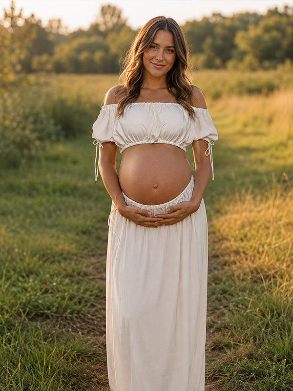 White Elegant Ruched Off Shoulder Maternity Maxi Dress with Bodycon Silhouette and Photoshoot Fit