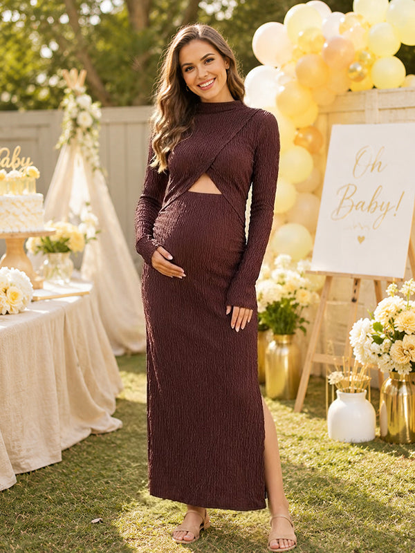 Brown Elegant Cut Out Baby Shower Maternity Maxi Dress