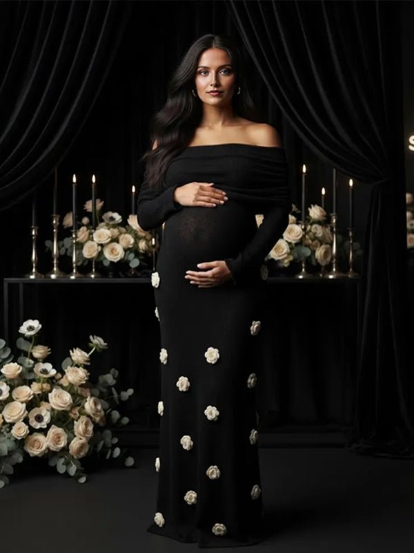 Momyknows Black Off Shoulder 3D Flower Backless Crochet Maternity Baby Shower Maxi Dress - Black - 6