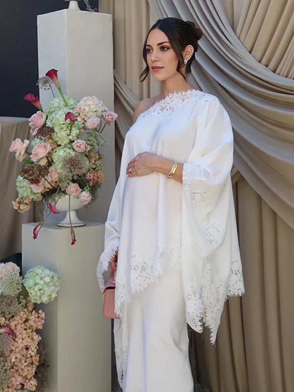 Momyknows White Lace Ruffle One Shoulder Cape Two Piece Set Maternity Maxi Dress