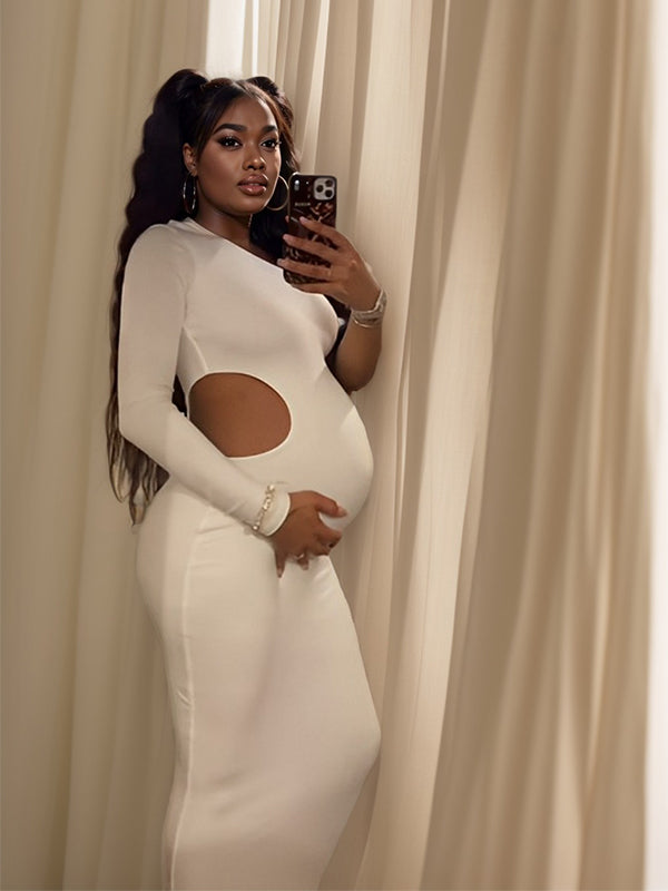 Momyknows One Shoulder Cut Out Irregular Bodycon Long Sleeve Fashion Baby Shower Maternity Maxi Dress