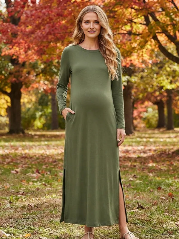 Green Daily Maternity Maxi Dress with Double Slit Detail and Easy Leisure Fit