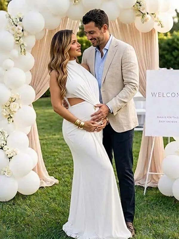 Momyknows White Lace-up Ruffle Slit Midriff Maternity Baby Shower Maxi Dress - White - 3