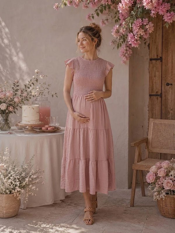 Momyknows Elegant Pink Falbala Shirring Ruched Maternity Baby Shower Maxi Dress - Pink - 1