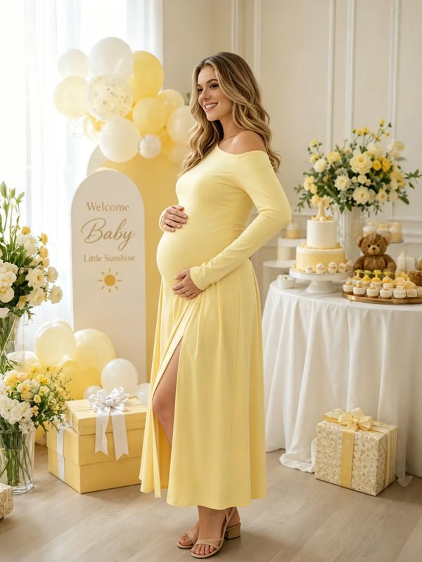 Momyknows Yellow Long Sleeve Oblique Shoulder Pleated Side Slit Solid Color Maternity Baby Shower Mini Dress - Yellow - 2